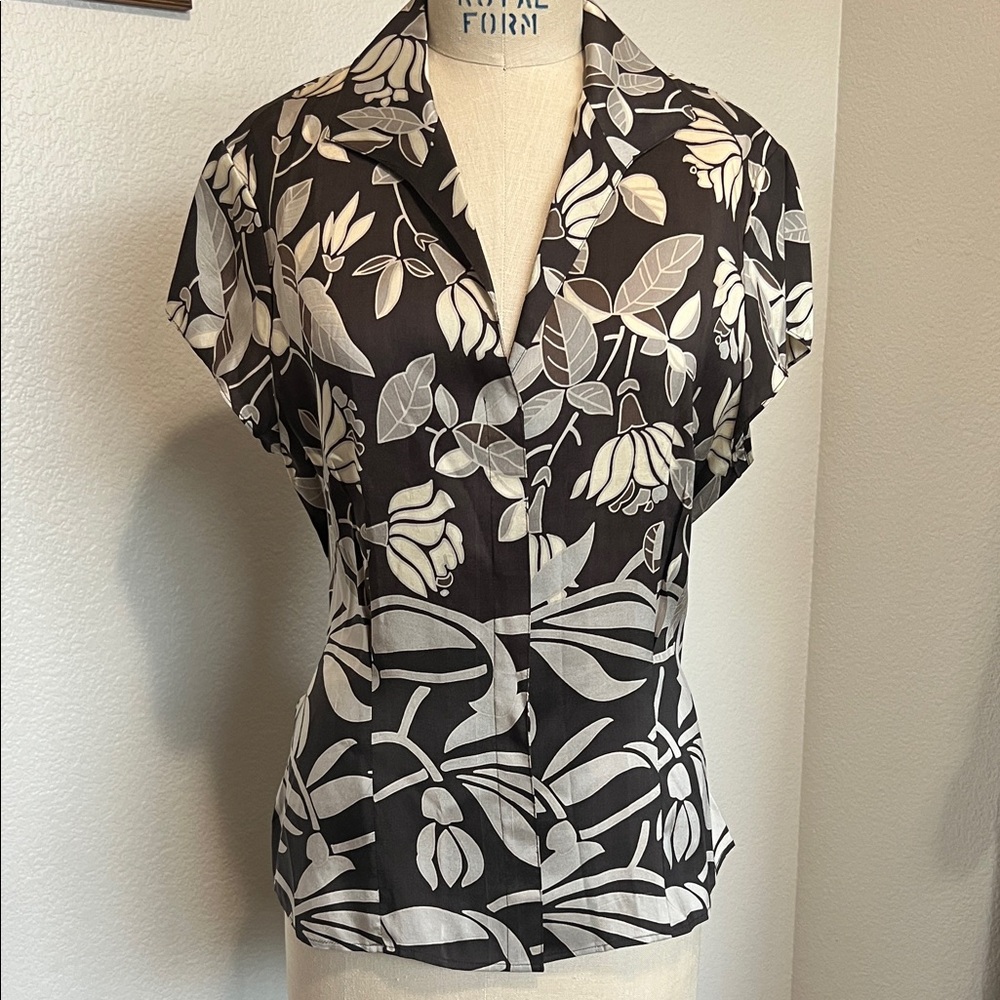 Lafayette 148 New York Black and White Floral Silk Button Down Shirt